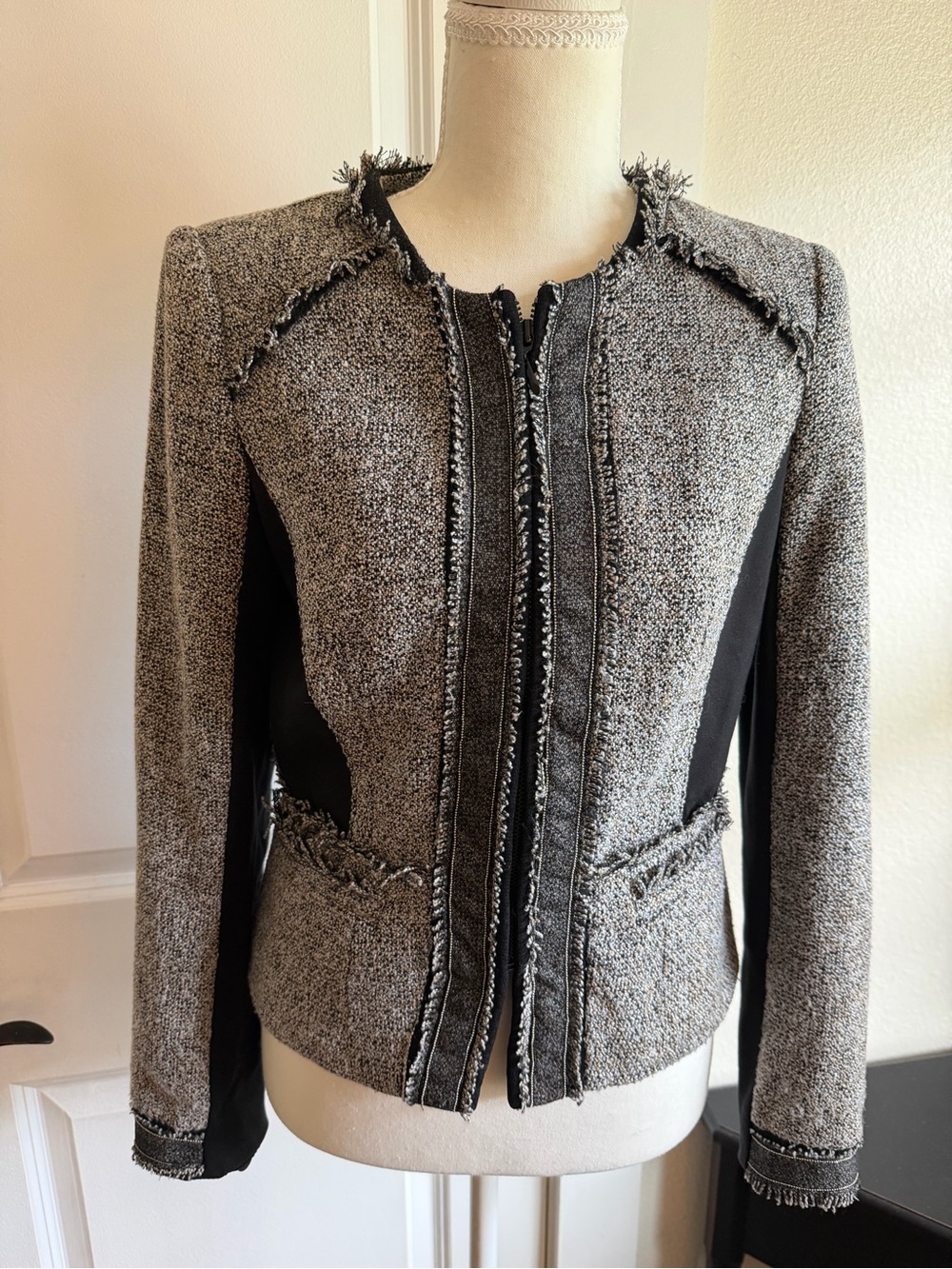 White House Black Market Black and Gray Tweed Fringe Zip Blazer - Picture 2 of 12